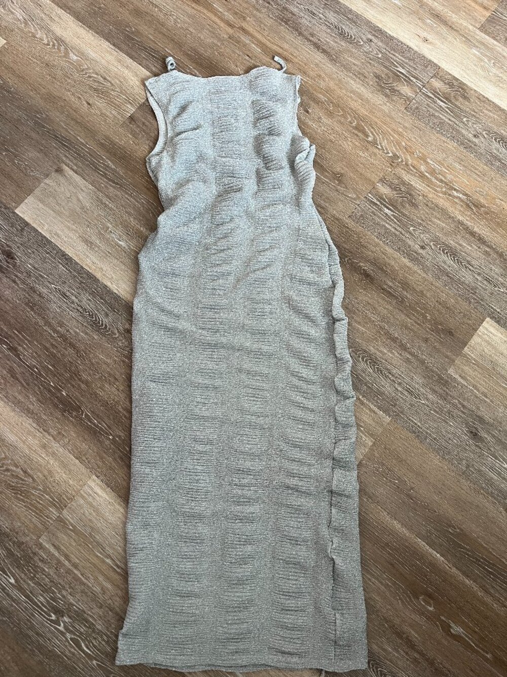 Sheer Shimmery Silver Backless Fitted Maxi Dress